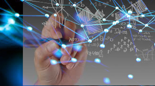 Algorhythmic Programming markings on a black board tending towards a flow of lights